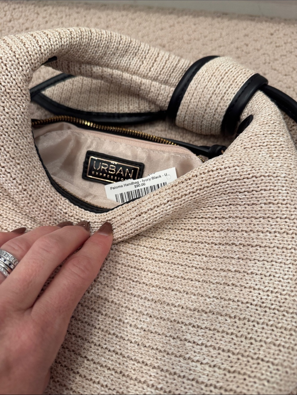 Urban Expressions Cream Knit Mini Hobo Bag with Black Trim